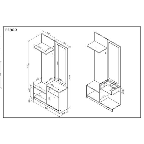 Garderobe til entré PERGO 90x184 cm - eik artisan - cashmere - speil