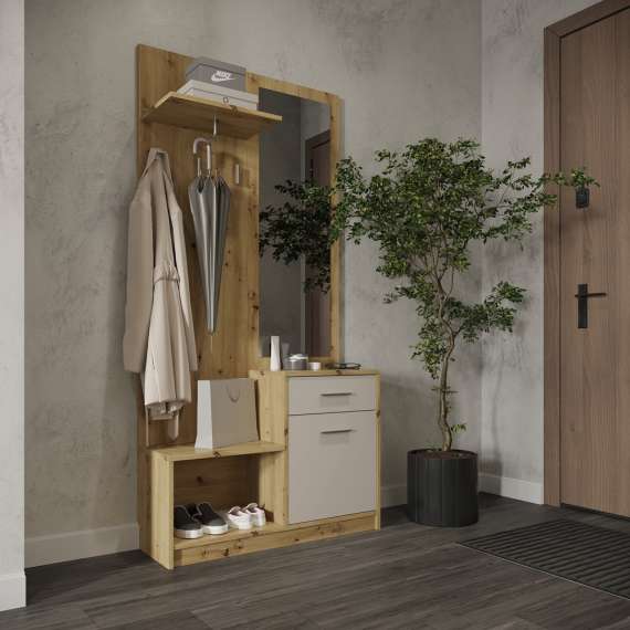 Garderobe til entré PERGO 90x184 cm - eik artisan - cashmere - speil
