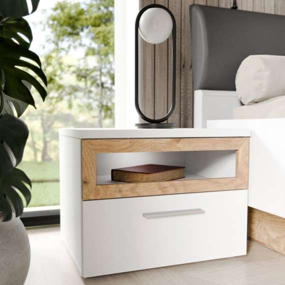 Nattbord MAYACUS - 52x41 cm - hvit matt - eik mauvella - 2 stk