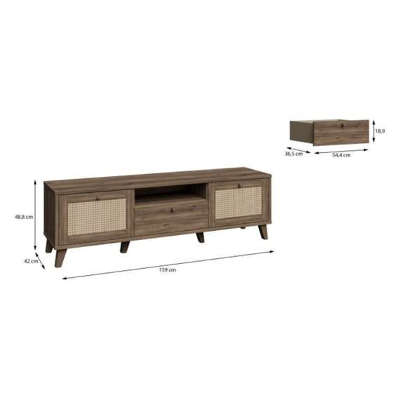 Tv-benk GLENKEEN 160x48 cm - 2 dører - 1 skuff - eik valencia - rotting