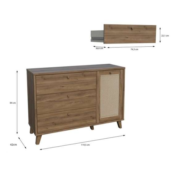 Skjenk GLENKEEN 160x48 cm - 1 dør - 3 skuffer - eik valencia - rotting