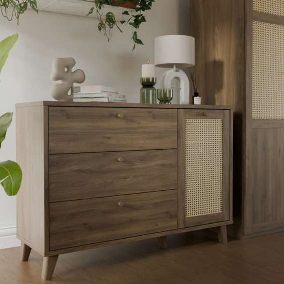 Skjenk GLENKEEN 160x48 cm - 1 dør - 3 skuffer - eik valencia - rotting