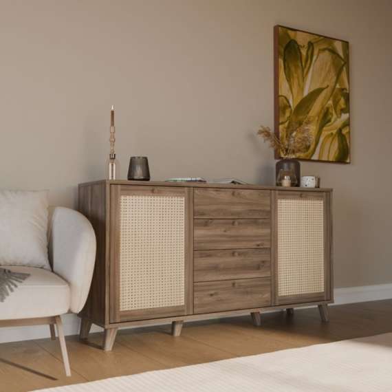 Skjenk GLENKEEN 160x87 cm - 4 skuffer - 2 dører - eik valencia - rotting