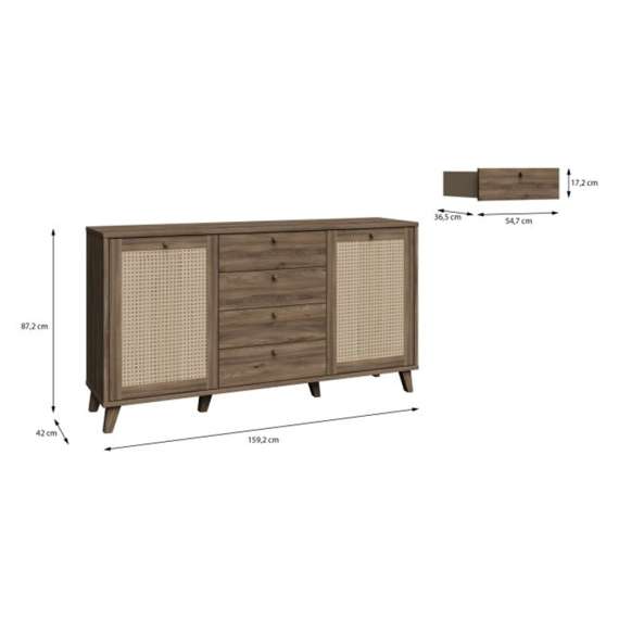 Skjenk GLENKEEN 160x87 cm - 4 skuffer - 2 dører - eik valencia - rotting