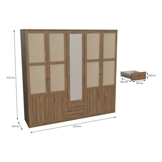 Garderobeskap GLENKEEN 223x213 cm - 5 dører - 2 skuffer - eik valencia - rotting