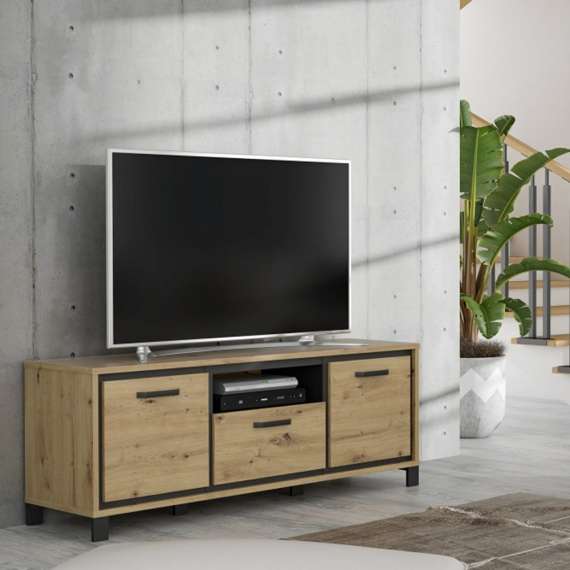 Tv-benk TRONDHEIM 159x59 cm - eik artisan - eik svart - 1 skuff - 2 dører