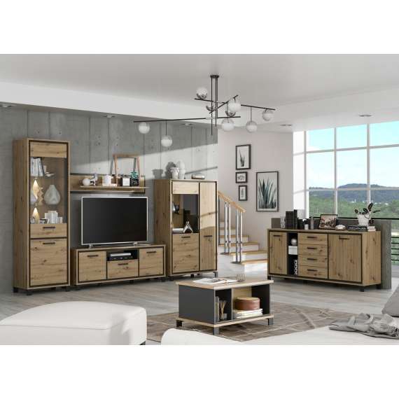 Tv-benk TRONDHEIM 159x59 cm - eik artisan - eik svart - 1 skuff - 2 dører