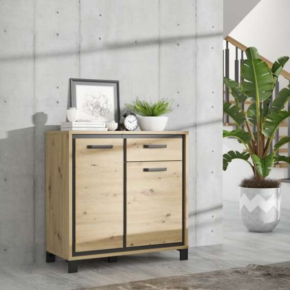 Skjenk TRONDHEIM 91x91 cm - 2 dører - 1 skuff - eik artisan - eik svart