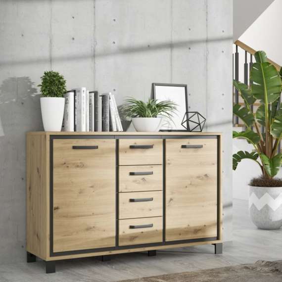 Skjenk TRONDHEIM 138x91 cm - 2 dører - 4 skuffer - eik artisan - eik svart