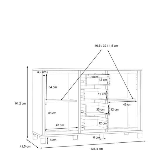 Skjenk TRONDHEIM 138x91 cm - 2 dører - 4 skuffer - eik artisan - eik svart