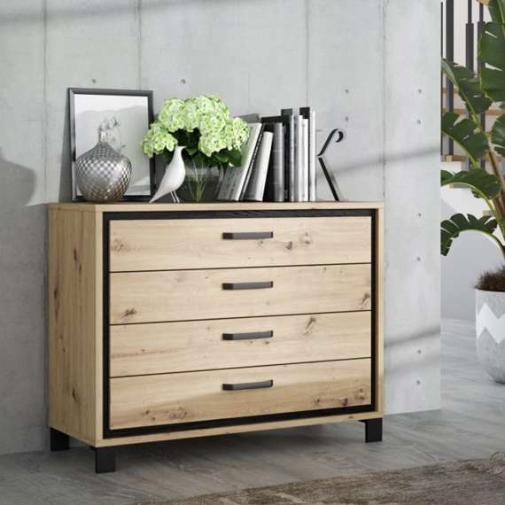 Skjenk TRONDHEIM 105x81 cm - 4 skuffer - eik artisan - eik svart