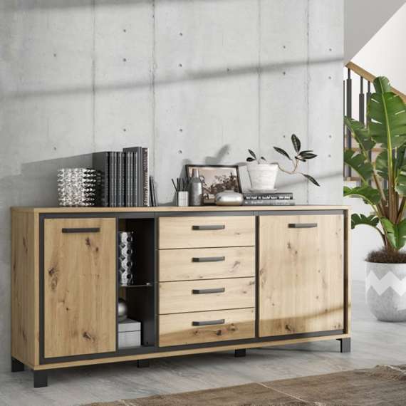 Skjenk TRONDHEIM 177x91 cm - 2 dører - 4 skuffer - eik artisan - eik svart