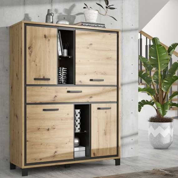 Skap TRONDHEIM 120x161 cm - 4 dører - 1 skuff - eik artisan - eik svart