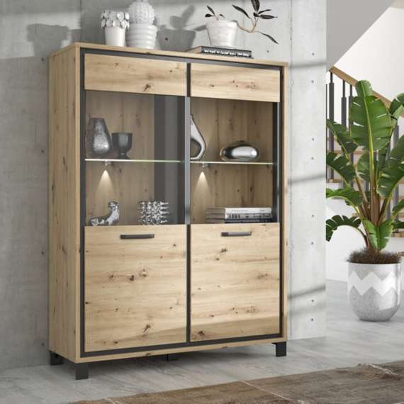 Vitrineskap TRONDHEIM 120x161 cm - 2 dører - eik artisan - eik svart