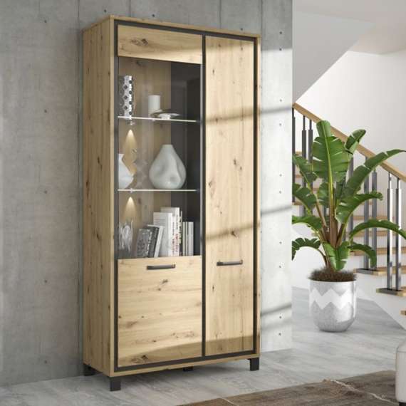 Vitrineskap TRONDHEIM 100x209 cm - 2 dører - eik artisan - eik svart