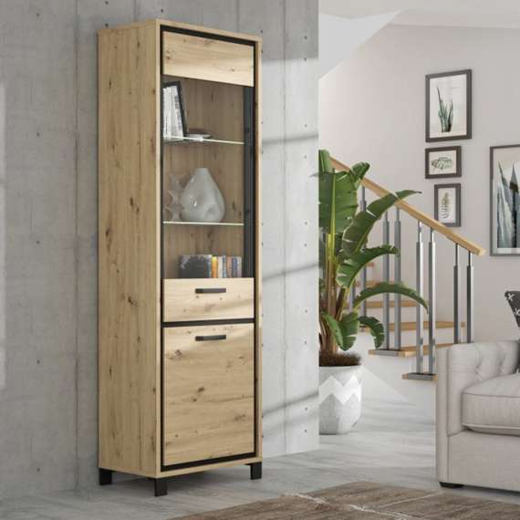 Vitrineskap TRONDHEIM 65x209 cm - 1 dør - eik artisan - eik svart