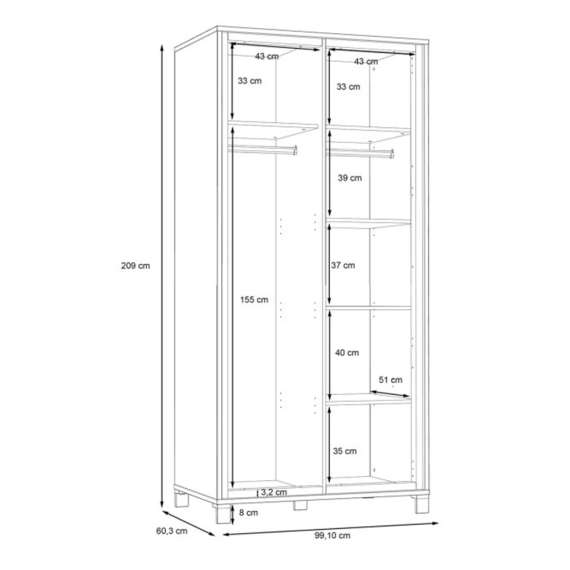 Garderobeskap TRONDHEIM 100x209 cm - 2 dører - eik artisan - eik svart