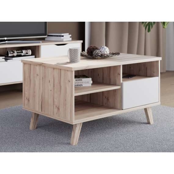 Sofabord VANKKA 90x60 cm - 1 skuff - eik bianco - hvit matt