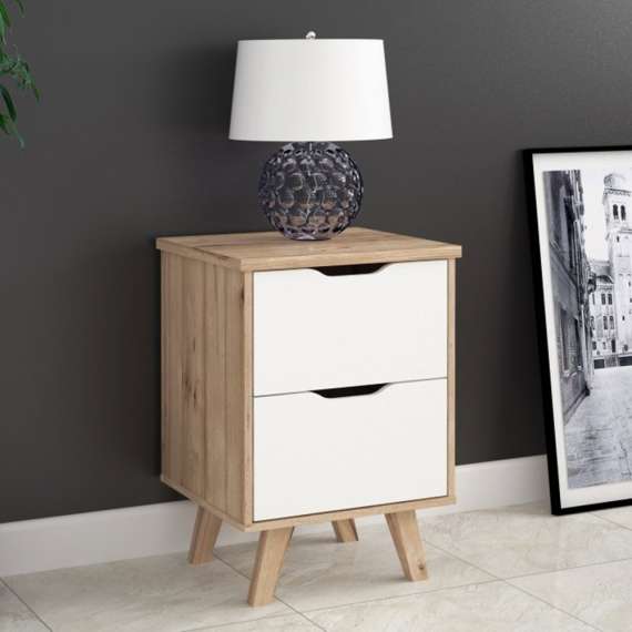 Nattbord VANKKA 45x64 cm - 2 skuffer - eik bianco - hvit matt
