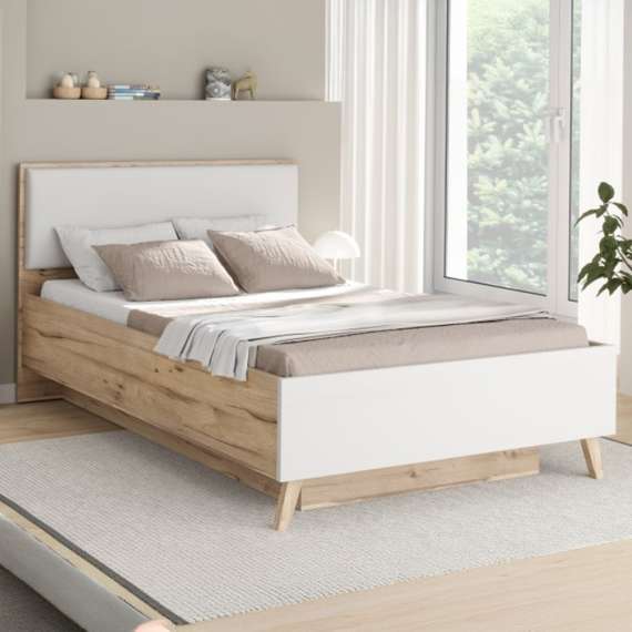 Seng VANKKA 120x200 cm - eik bianco - hvit matt - oppbevaringsplass