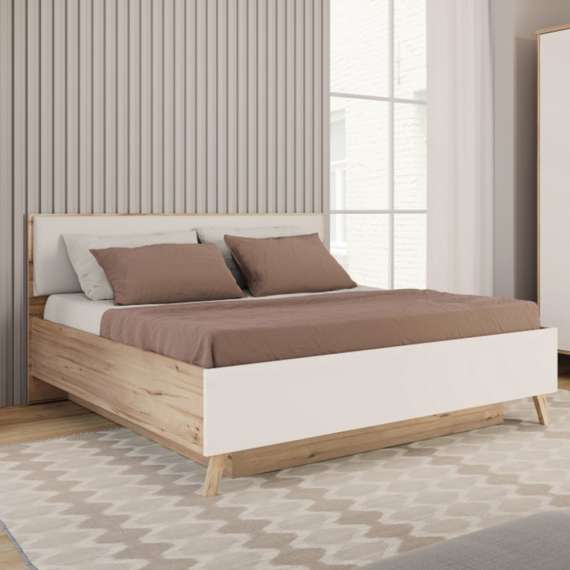 Seng VANKKA 160x200 cm - eik bianco - hvit matt - oppbevaringsplass