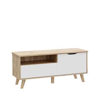 Tv-benk VANKKA 125x54 cm - 1 skuff - 1 dør - eik bianco - hvit matt