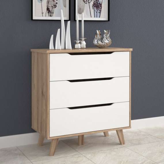 Kommode VANKKA 80x86 cm - 3 skuffer - eik bianco - hvit matt