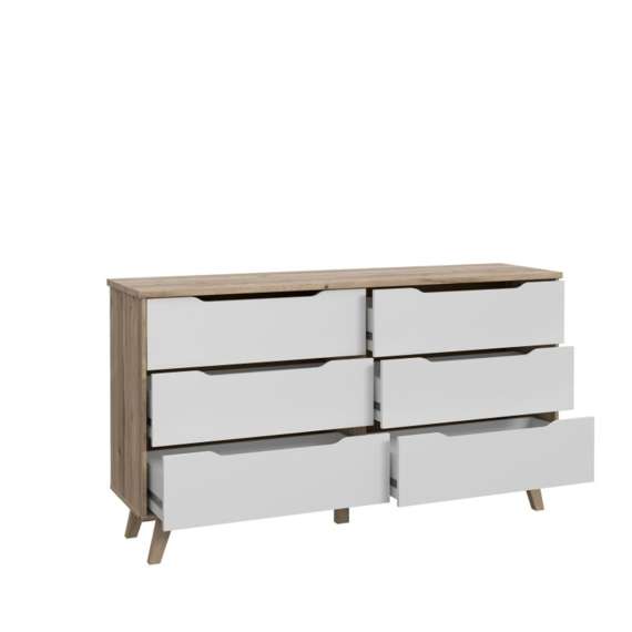 Kommode VANKKA 150x86 cm - 6 skuffer - eik bianco - hvit matt