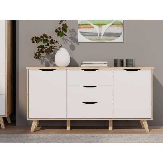 Skjenk VANKKA 150x77 cm - 3 skuffer - 2 dører - eik bianco - hvit matt