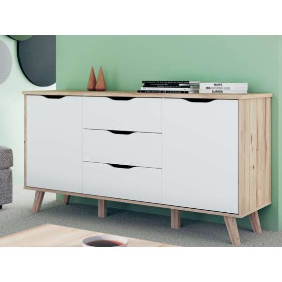 Skjenk VANKKA 150x77 cm - 3 skuffer - 2 dører - eik bianco - hvit matt