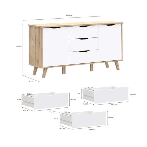 Skjenk VANKKA 150x77 cm - 3 skuffer - 2 dører - eik bianco - hvit matt