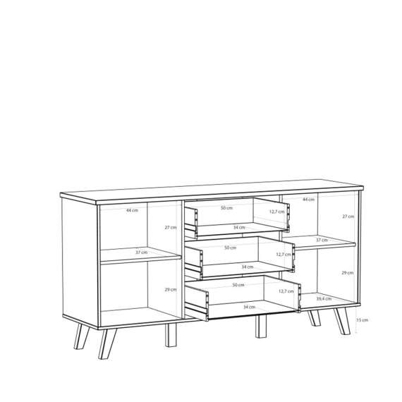 Skjenk VANKKA 150x77 cm - 3 skuffer - 2 dører - eik bianco - hvit matt