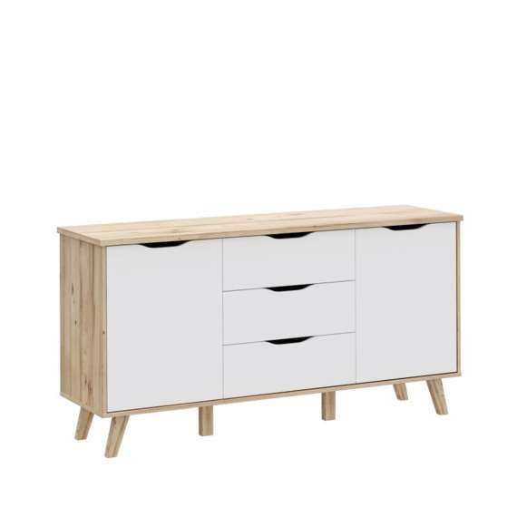 Skjenk VANKKA 150x77 cm - 3 skuffer - 2 dører - eik bianco - hvit matt