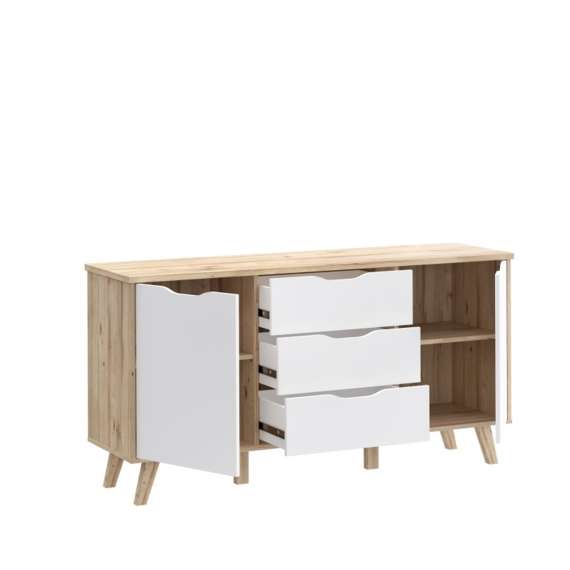 Skjenk VANKKA 150x77 cm - 3 skuffer - 2 dører - eik bianco - hvit matt