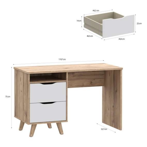 Skrivebord VANKKA 120x53 cm - 2 skuffer - eik bianco - hvit matt