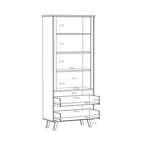 Reol VANKKA 85x202 cm - 3 hyller - 2 skuffer - eik bianco