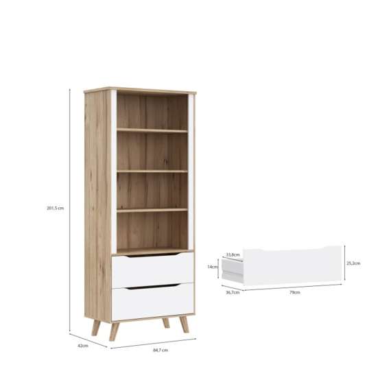 Reol VANKKA 85x202 cm - 3 hyller - 2 skuffer - eik bianco