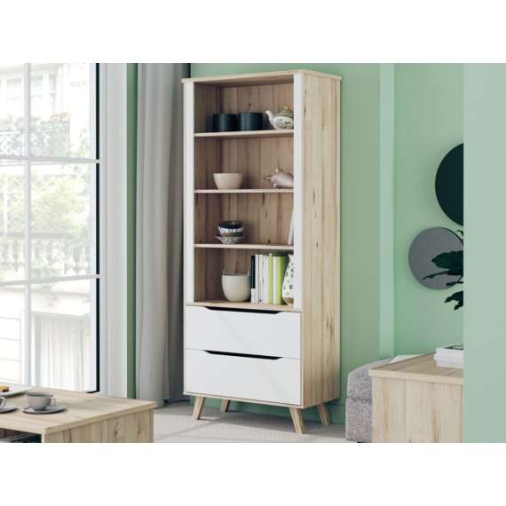 Reol VANKKA 85x202 cm - 3 hyller - 2 skuffer - eik bianco