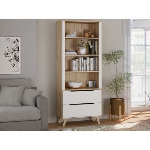 Reol VANKKA 85x202 cm - 3 hyller - 2 skuffer - eik bianco