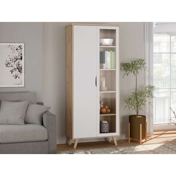 Vitrineskap VANKKA 85x202 cm - 2 dører - eik bianco - hvit matt