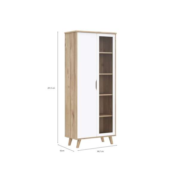 Vitrineskap VANKKA 85x202 cm - 2 dører - eik bianco - hvit matt