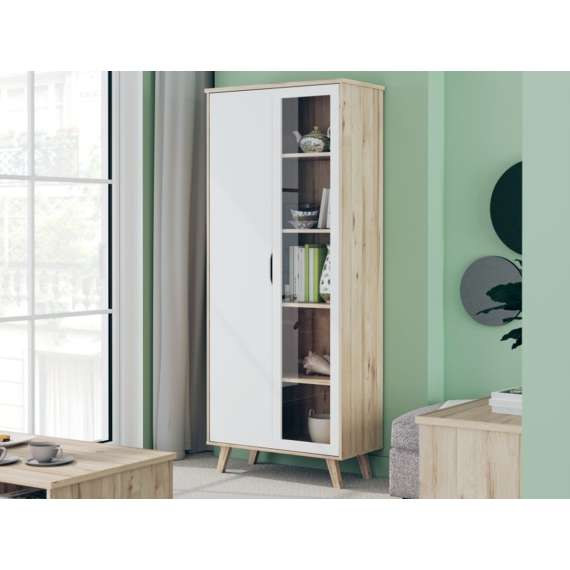 Vitrineskap VANKKA 85x202 cm - 2 dører - eik bianco - hvit matt