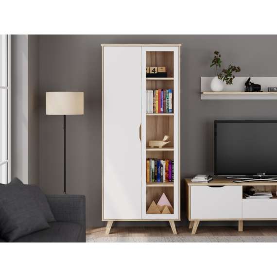 Vitrineskap VANKKA 85x202 cm - 2 dører - eik bianco - hvit matt
