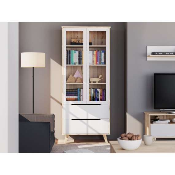 Vitrineskap VANKKA 85x202 cm - 2 dører - 2 skuffer - eik bianco - hvit matt