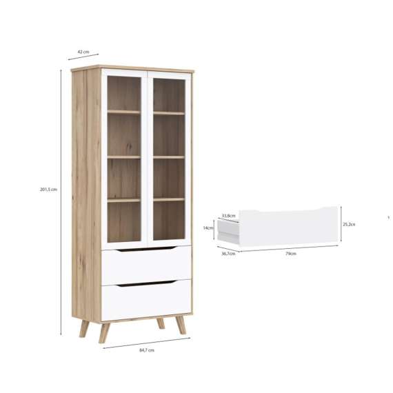 Vitrineskap VANKKA 85x202 cm - 2 dører - 2 skuffer - eik bianco - hvit matt