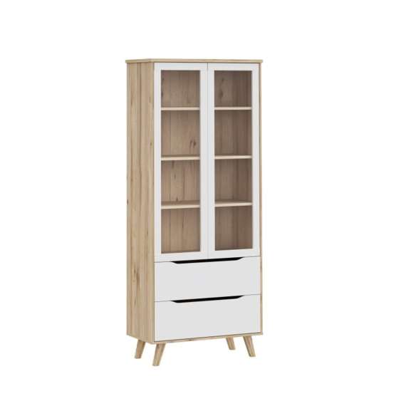 Vitrineskap VANKKA 85x202 cm - 2 dører - 2 skuffer - eik bianco - hvit matt