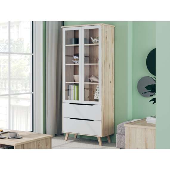 Vitrineskap VANKKA 85x202 cm - 2 dører - 2 skuffer - eik bianco - hvit matt