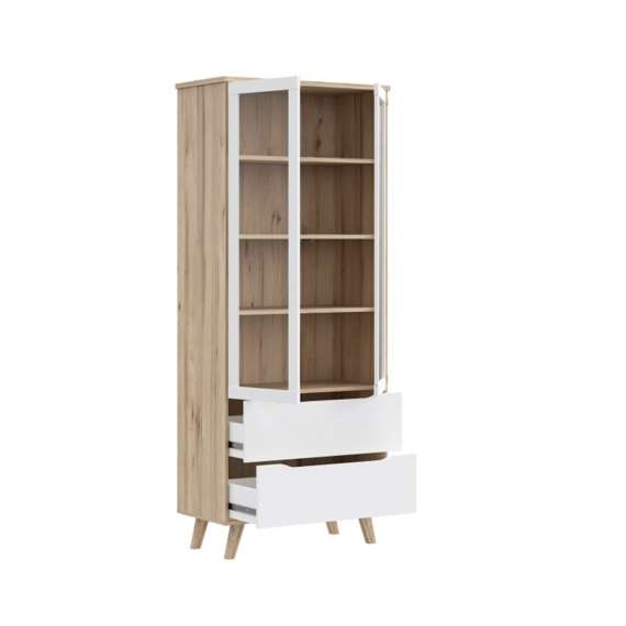 Vitrineskap VANKKA 85x202 cm - 2 dører - 2 skuffer - eik bianco - hvit matt