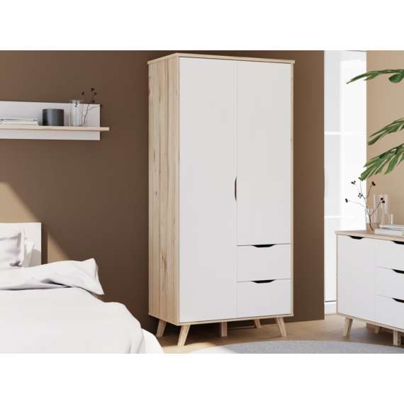 Garderobeskap VANKKA 100x202 cm - 2 dører - 2 skuffer - eik bianco - hvit matt