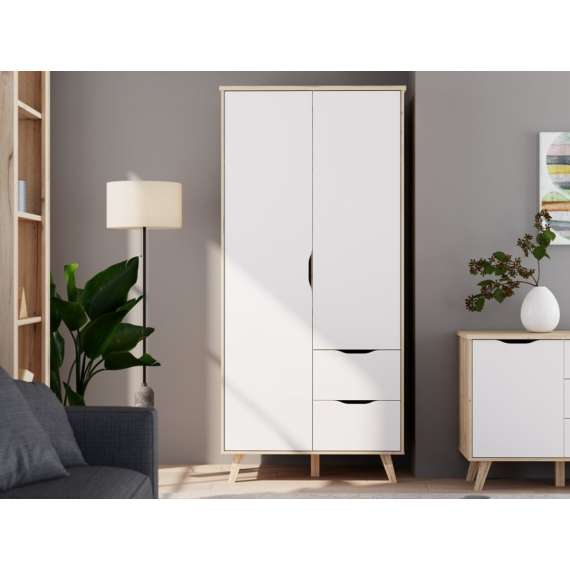 Garderobeskap VANKKA 100x202 cm - 2 dører - 2 skuffer - eik bianco - hvit matt